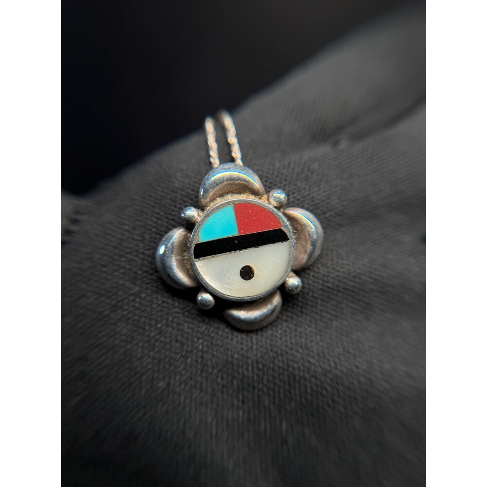 Native American Sterling Silver Sunface Inlay Pendant Necklace
